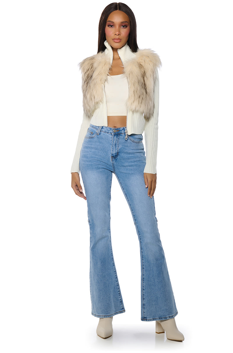COLDEST WINTER ZIP UP FAUX FUR TRIM KNIT SWEATER IN IVORY