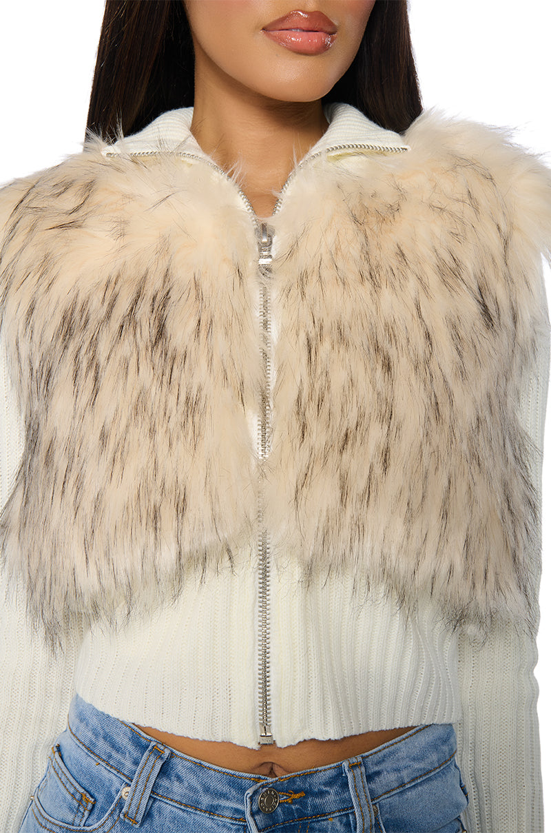 COLDEST WINTER ZIP UP FAUX FUR TRIM KNIT SWEATER IN IVORY