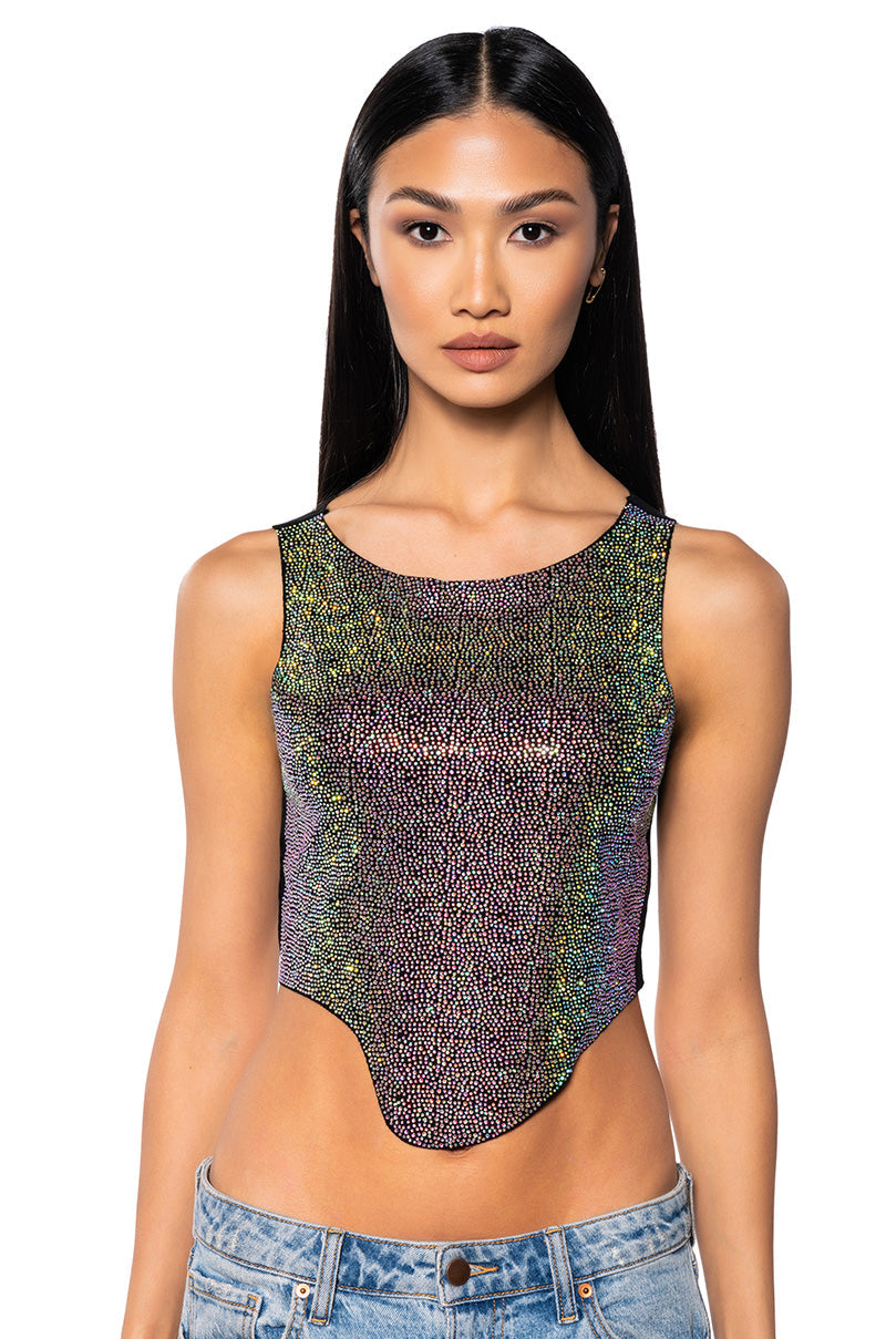 COSMIC ENERGY CROPPED CUT OFF RHINESTONE TANK IN BLACK