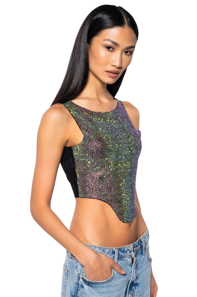 COSMIC ENERGY CROPPED CUT OFF RHINESTONE TANK IN BLACK