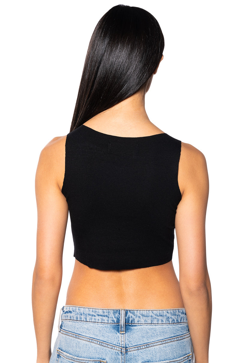 COSMIC ENERGY CROPPED CUT OFF RHINESTONE TANK IN BLACK