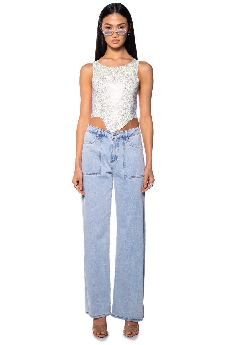 COSMIC ENERGY CROPPED CUT OFF RHINESTONE TANK