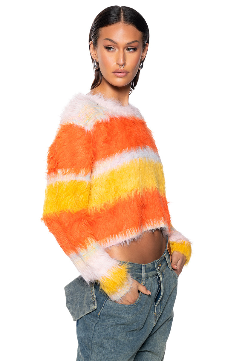 COZY WITH WHO I AM FUZZY STRIPED SWEATER