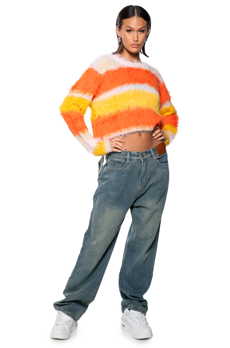 COZY WITH WHO I AM FUZZY STRIPED SWEATER