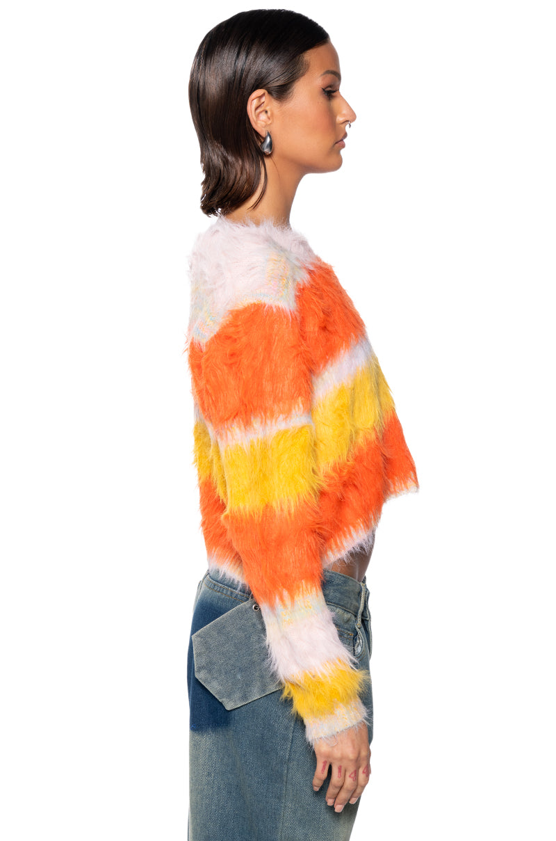 COZY WITH WHO I AM FUZZY STRIPED SWEATER