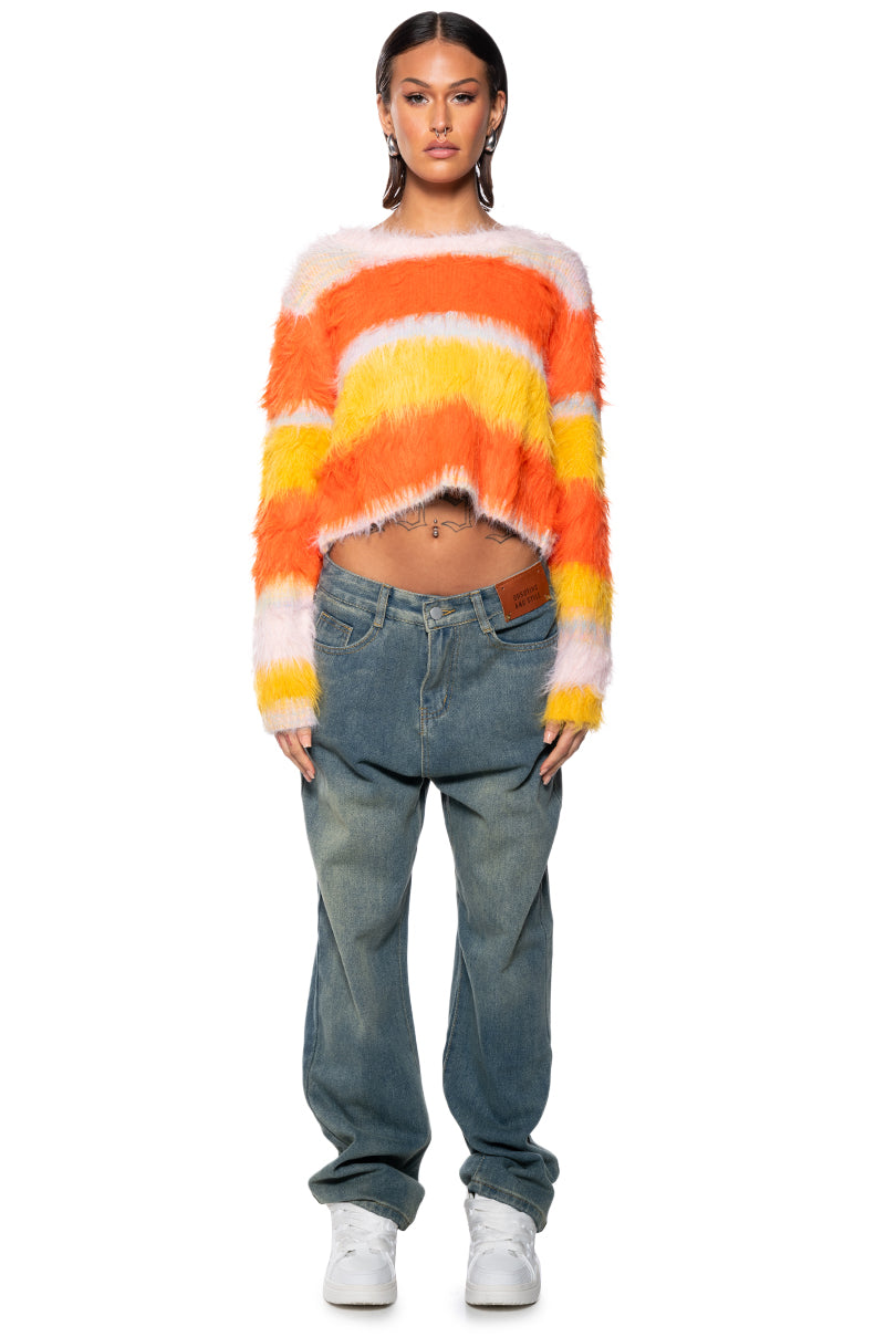 COZY WITH WHO I AM FUZZY STRIPED SWEATER