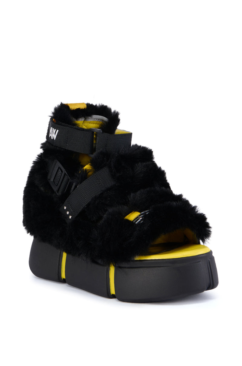 CRANBERRY CAGED BLACK FUZZY FLATFORM SANDAL