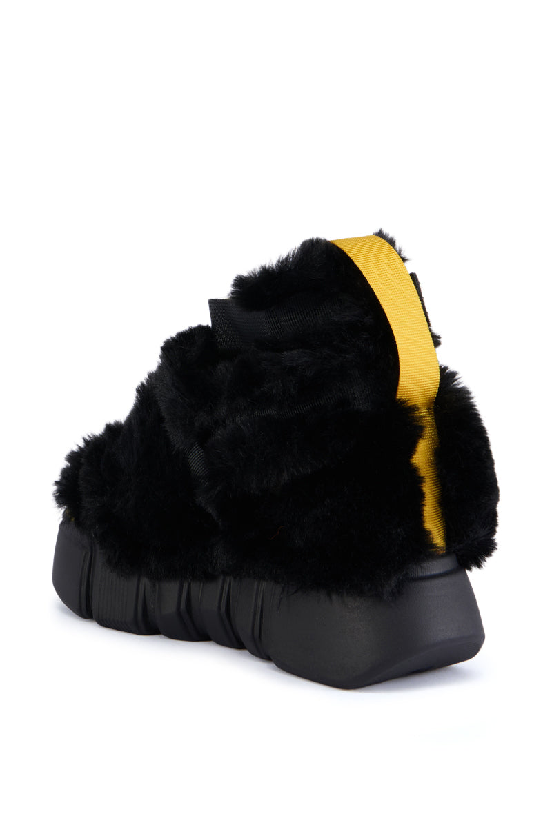 CRANBERRY CAGED BLACK FUZZY FLATFORM SANDAL