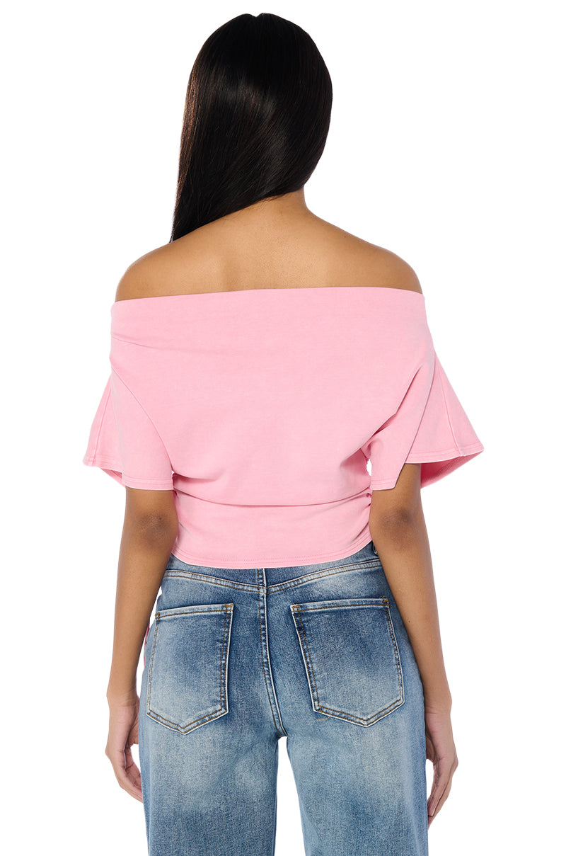 CRAZY IN LOVE SHORT SLEEVE OFF THE SHOULDER TSHIRT IN PINK