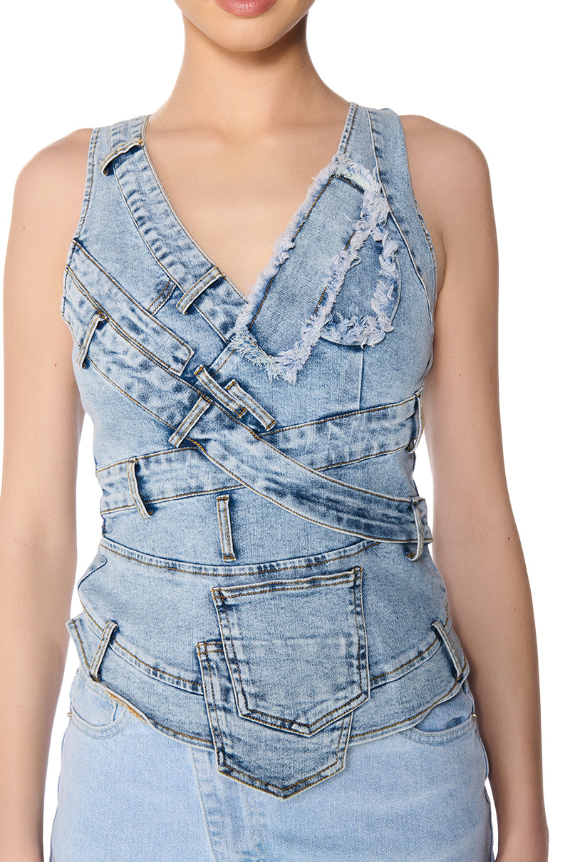CUFFIN IT' DENIM SLEEVELESS TOP