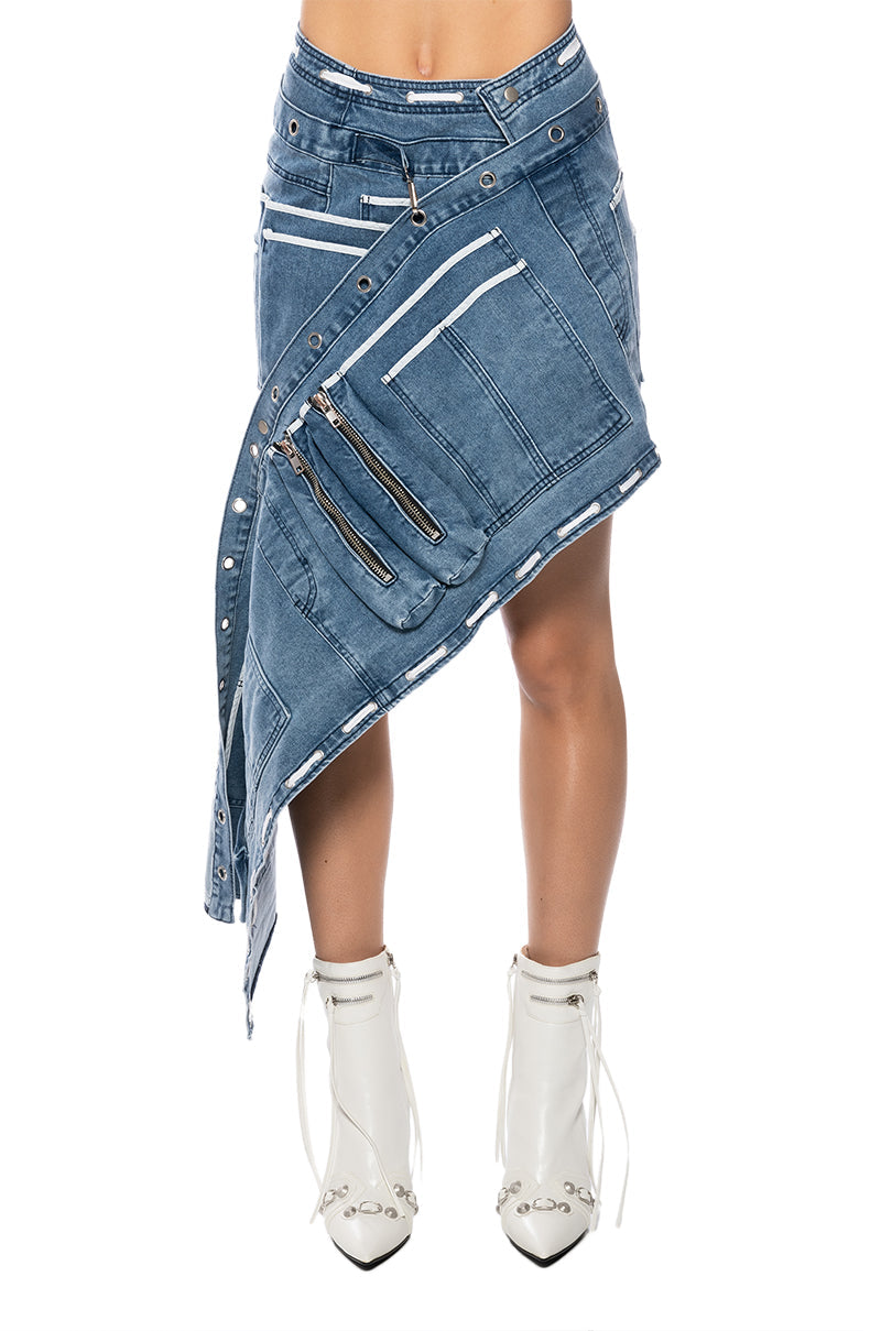 CURIOUS ABOUT YOU ASYMMETRICAL DENIM UTILITY SKIRT