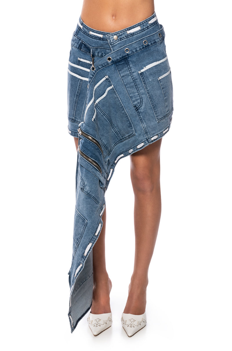 CURIOUS ABOUT YOU ASYMMETRICAL DENIM UTILITY SKIRT