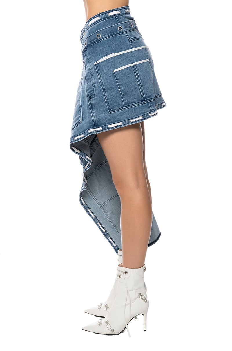 CURIOUS ABOUT YOU ASYMMETRICAL DENIM UTILITY SKIRT