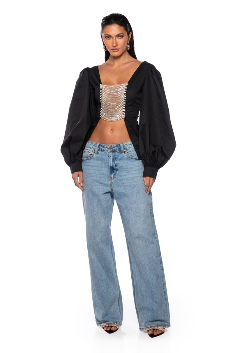 DARE ME RHINESTONE OPEN BACK BLOUSE