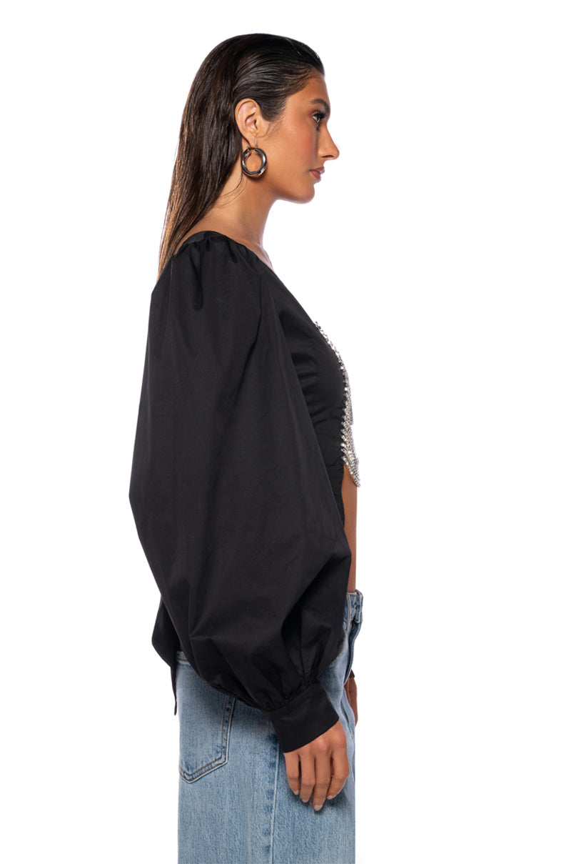 DARE ME RHINESTONE OPEN BACK BLOUSE