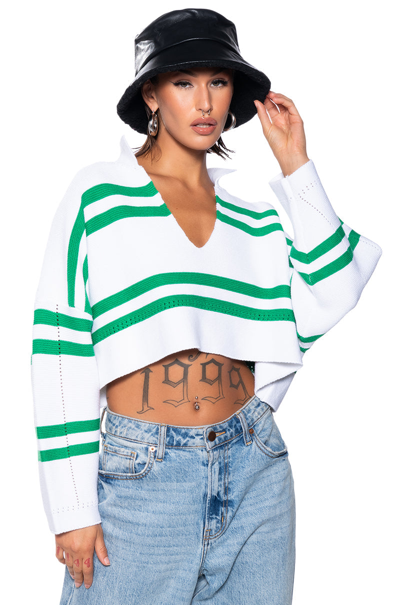 DEEP FEELINGS STRIPED DEEP V SWEATER