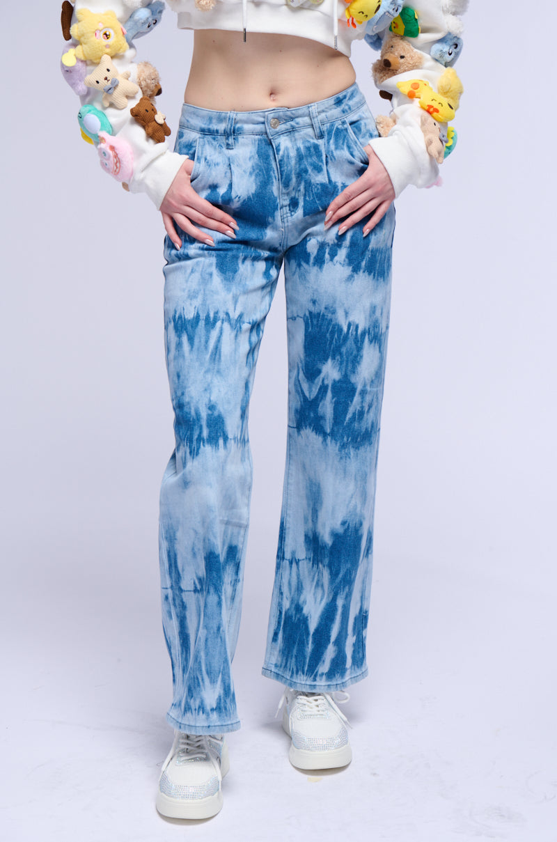 DENIM DYE AWAY ACID WASHED PLEATED WIDE LEG JEAN