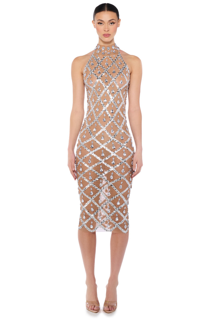 DIAMONDS ARE FOREVER MESH MIDI DRESS IN BEIGE