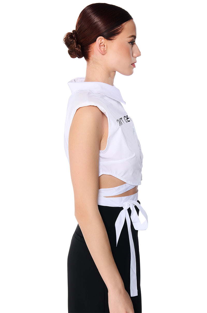 DON'T GET IT TWISTED TIE WAIST COLLARED POPLIN SHIRT