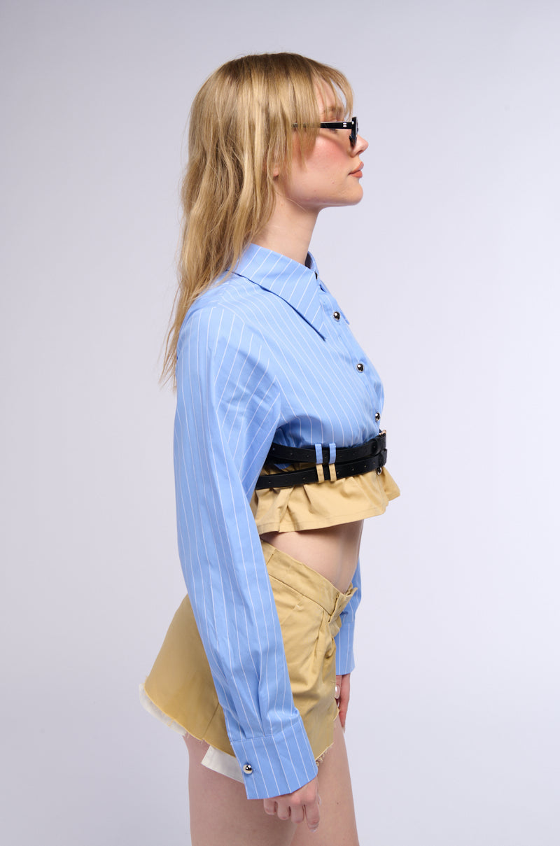 DOUBLE BELTED POPLIN BUTTON DOWN COLLARED SHIRT