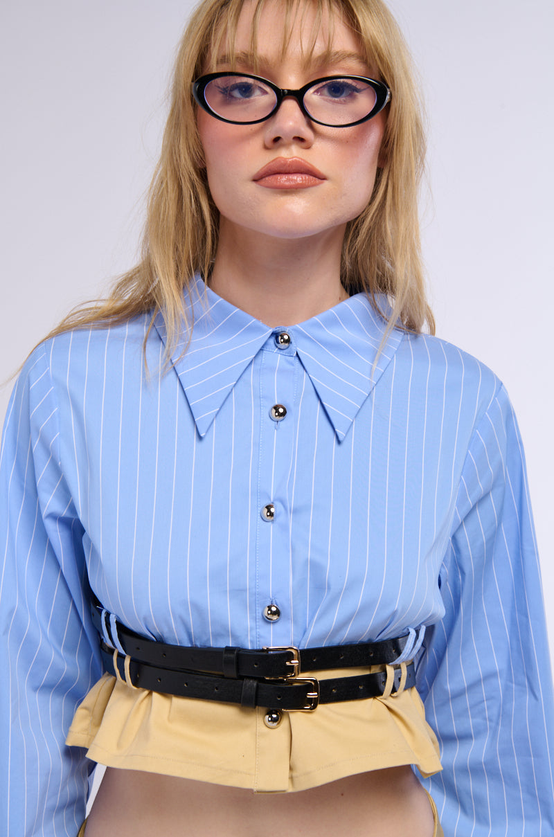 DOUBLE BELTED POPLIN BUTTON DOWN COLLARED SHIRT