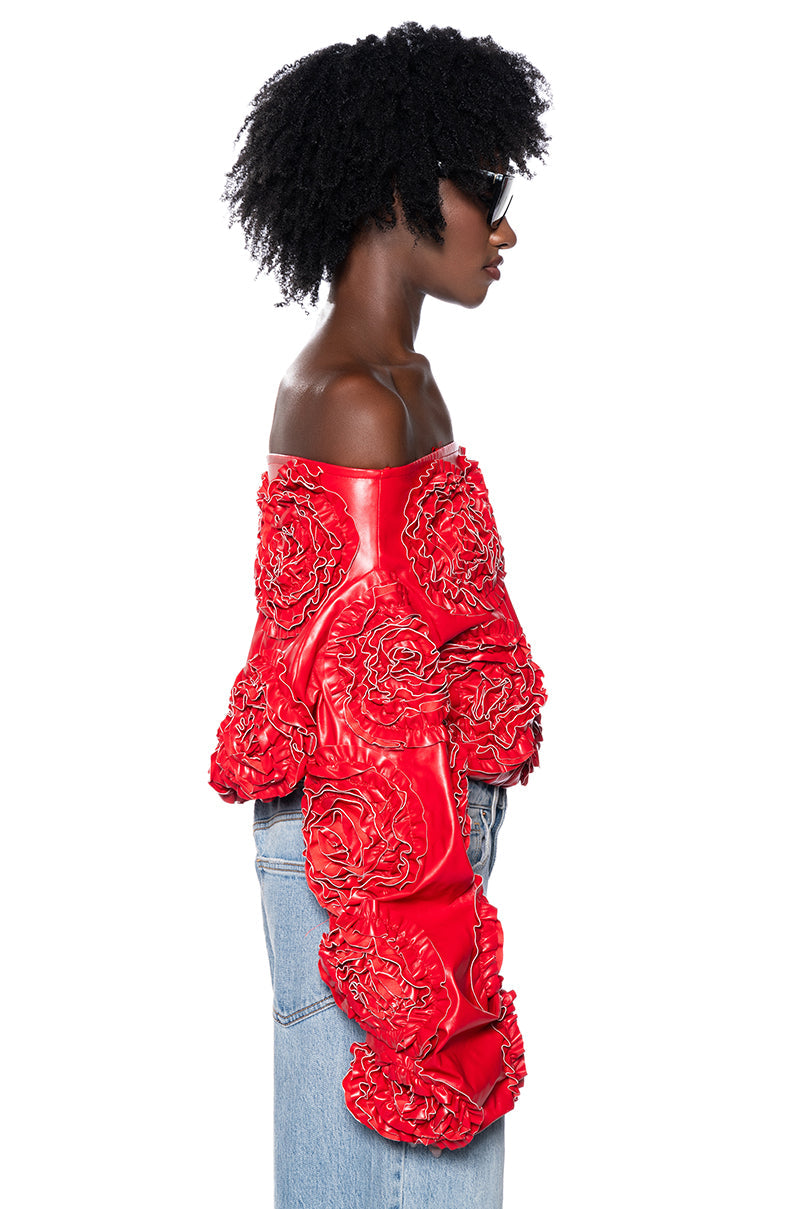 EASY FAUX LEATHER OFF THE SHOULDER SWEATSHIRT