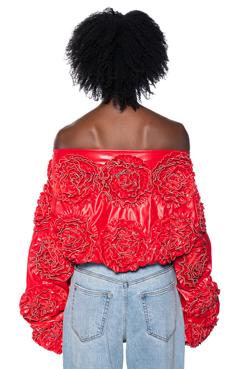 EASY FAUX LEATHER OFF THE SHOULDER SWEATSHIRT