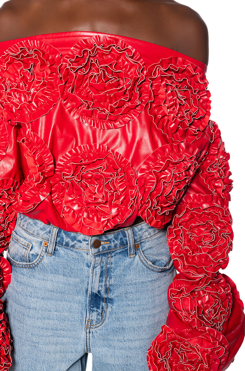 EASY FAUX LEATHER OFF THE SHOULDER SWEATSHIRT