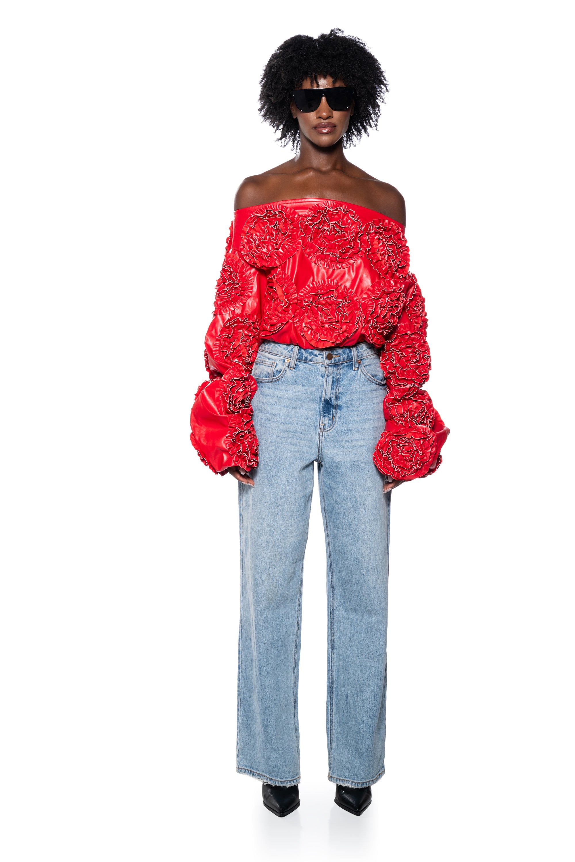 EASY FAUX LEATHER OFF THE SHOULDER SWEATSHIRT