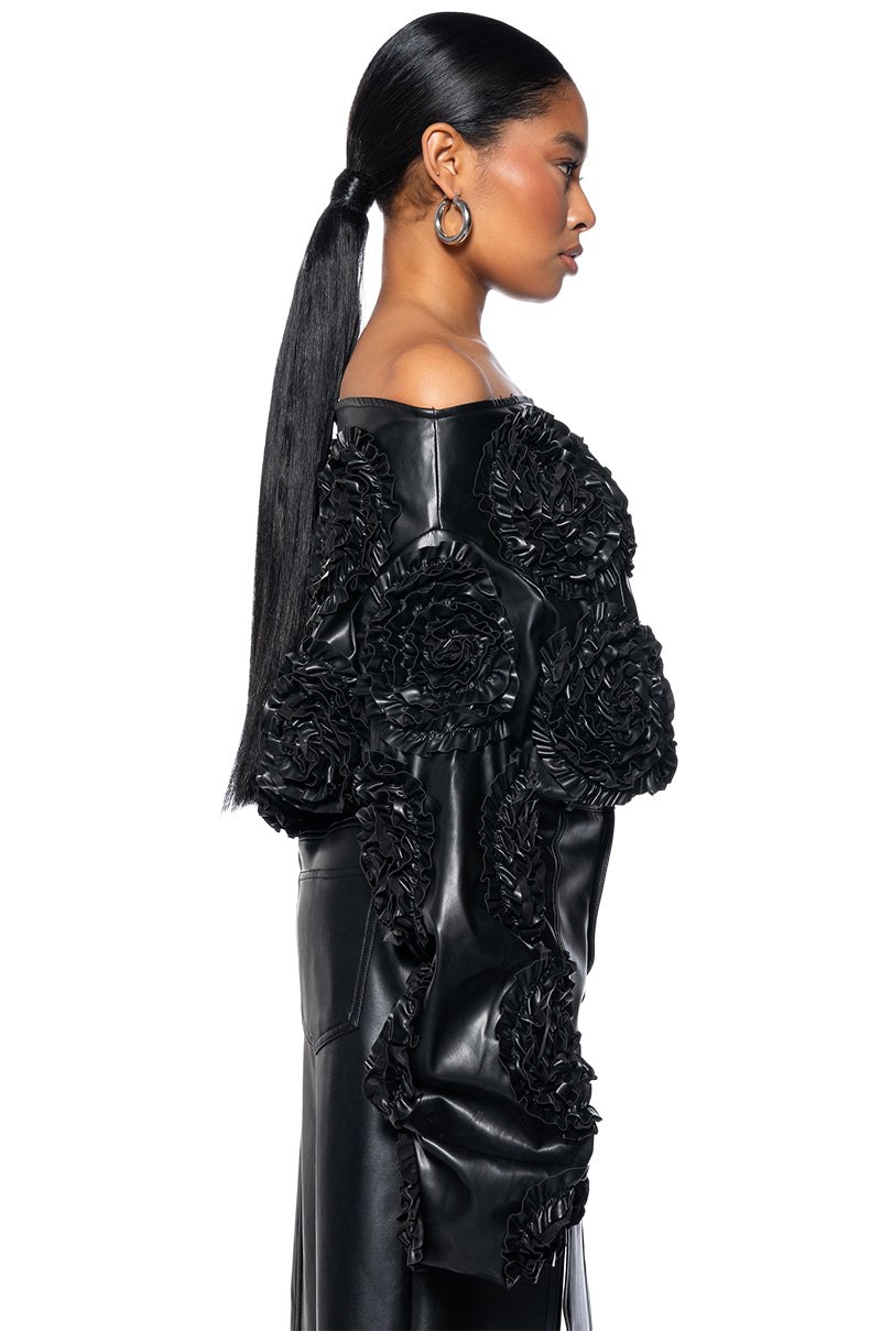 EASY FAUX LEATHER OFF THE SHOULDER SWEATSHIRT