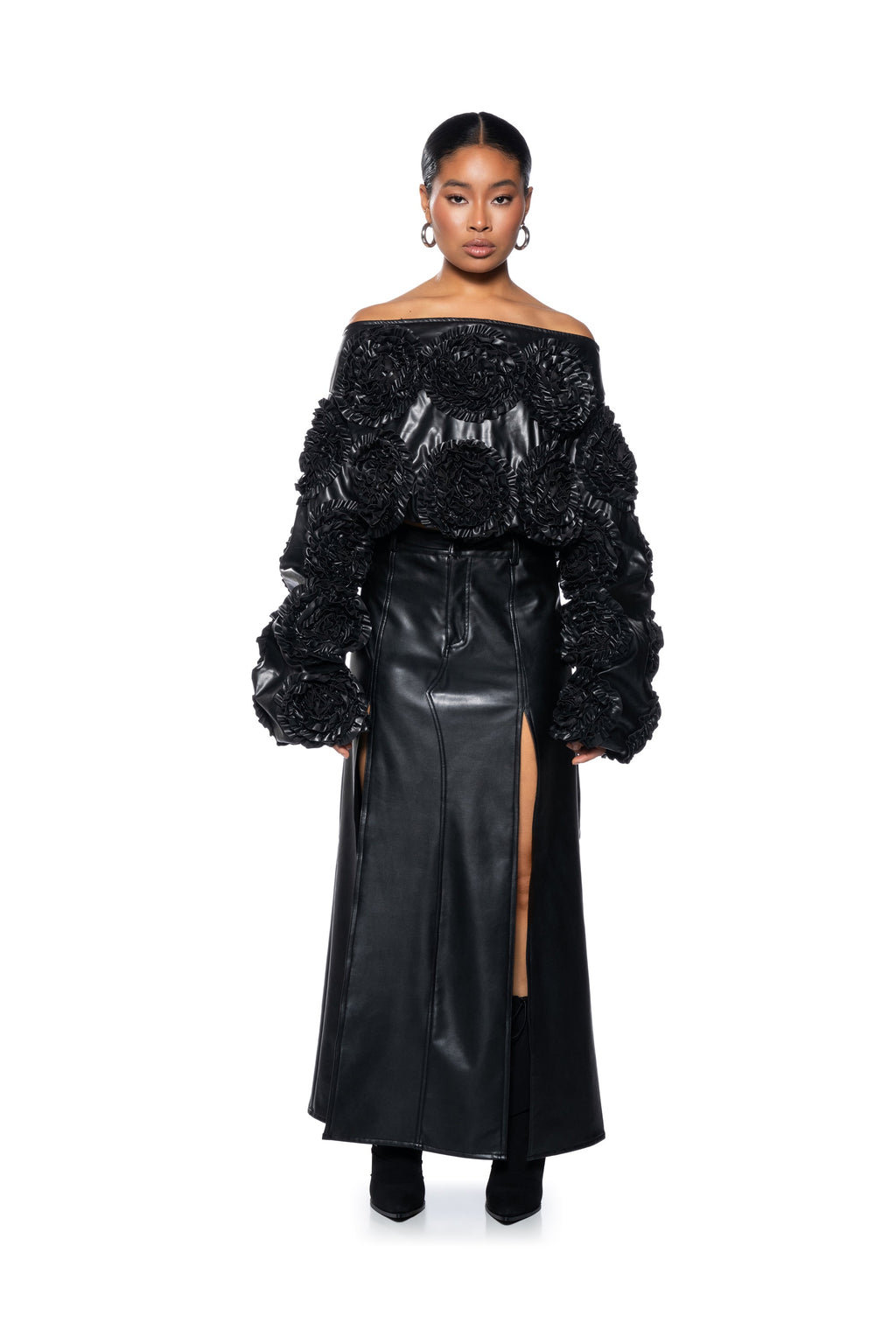 EASY FAUX LEATHER OFF THE SHOULDER SWEATSHIRT