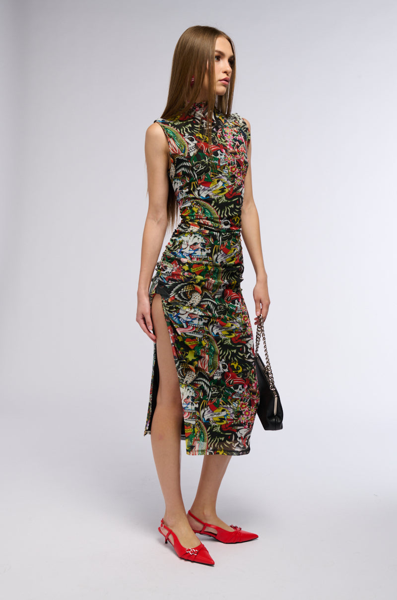 ED HARDY TATTOO COLLAGE PRINT MIDI DRESS