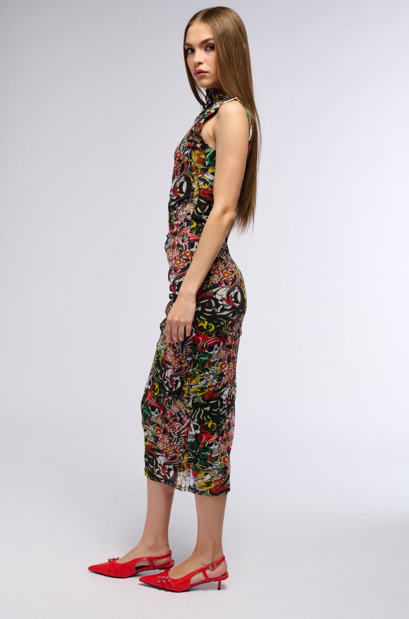 ED HARDY TATTOO COLLAGE PRINT MIDI DRESS