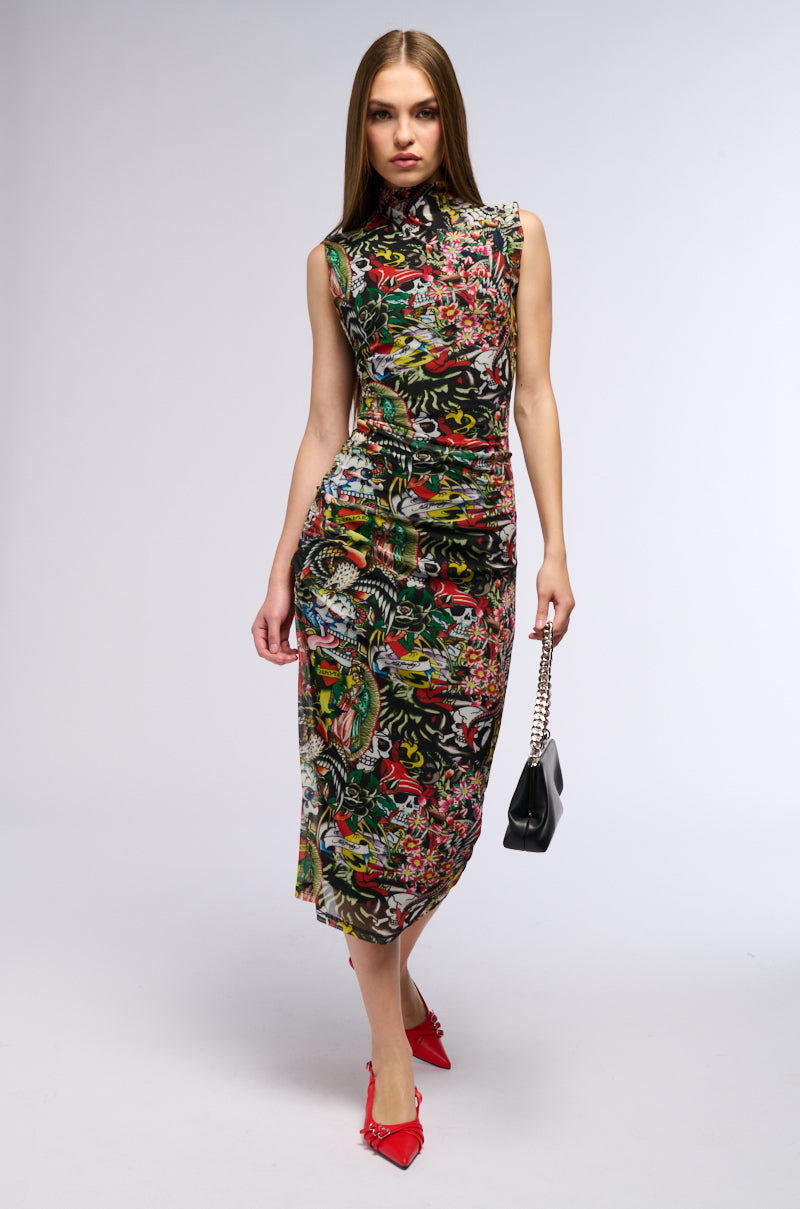 ED HARDY TATTOO COLLAGE PRINT MIDI DRESS
