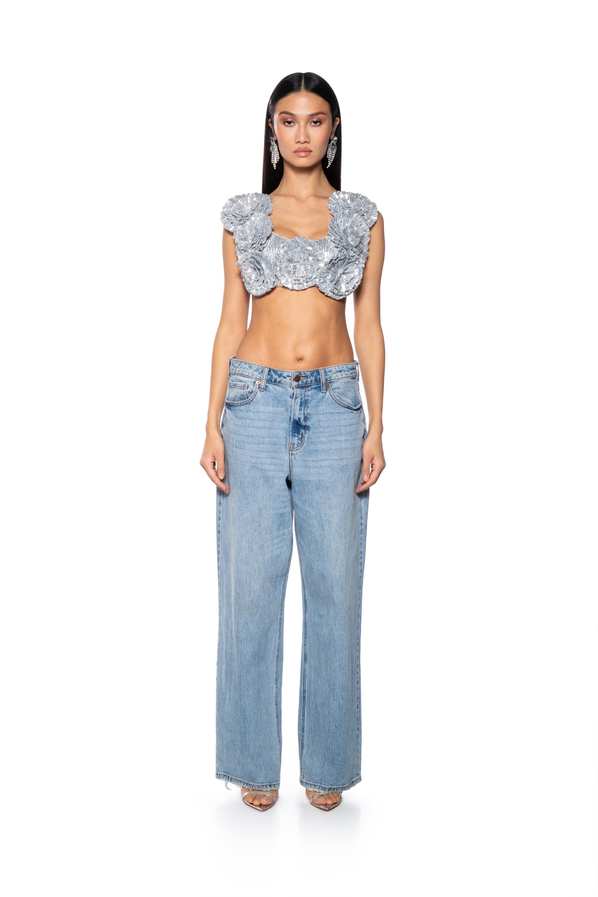 EVERY ROSE SEQUIN CROP TOP IN SILVER