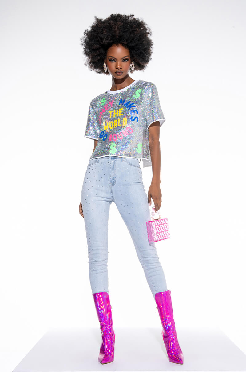 EXTREME STRETCH HIGH WAISTED SKINNY JEANS WITH RHINESTONES