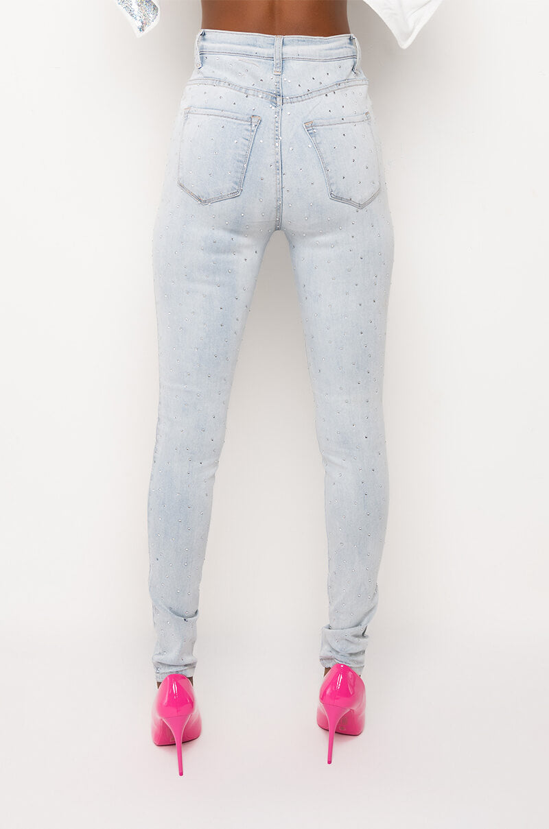 EXTREME STRETCH HIGH WAISTED SKINNY JEANS WITH RHINESTONES