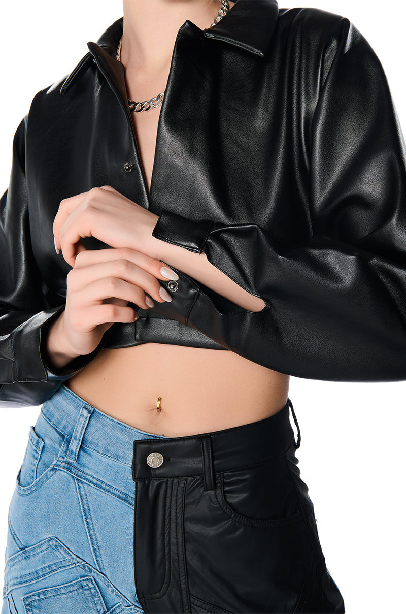FAUX LEATHER CROPPED BUTTON DOWN SHIRT