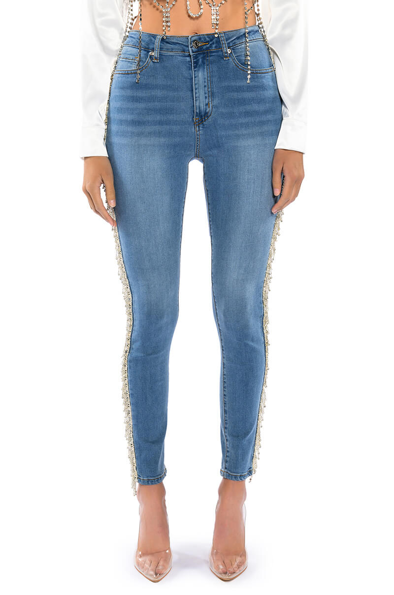 FELLING LIKE A STAR HIGH RISE RHINESTONE SKINNY JEANS