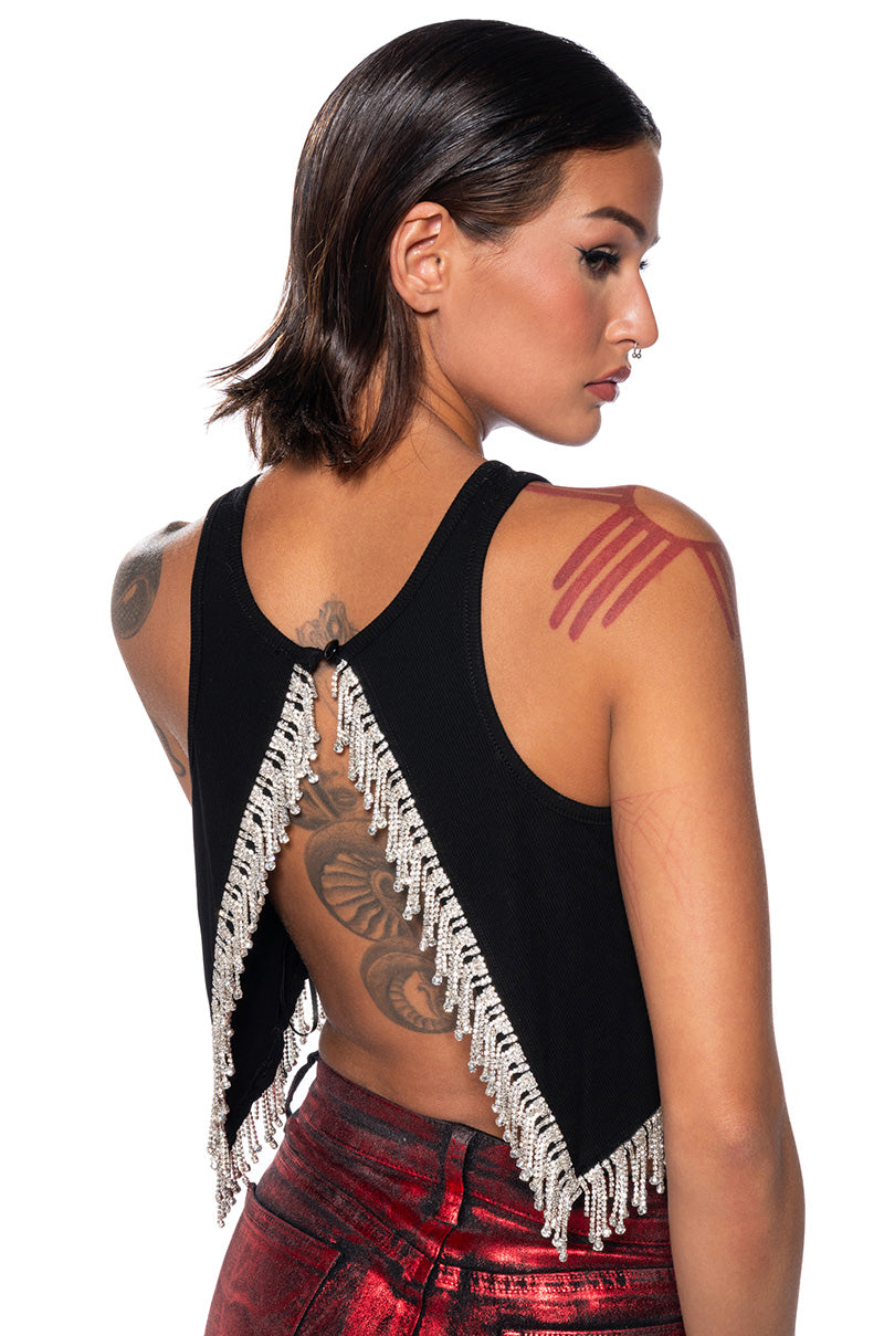 FEVER DREAM RHINESTONE FRINGE OPEN BACK TANK TOP