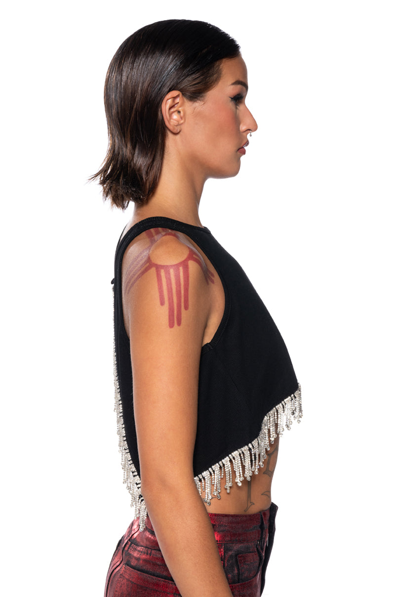 FEVER DREAM RHINESTONE FRINGE OPEN BACK TANK TOP