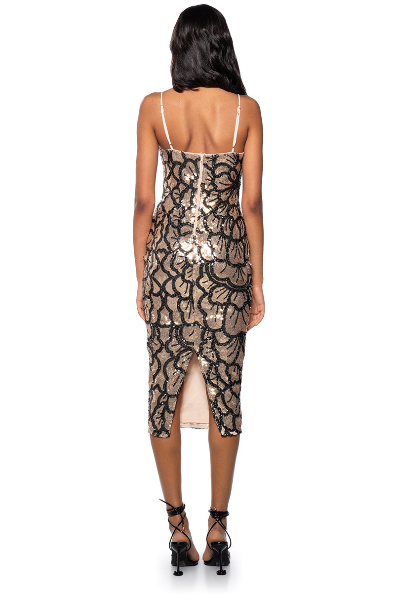 FIRST LOOK SEQUIN MIDI DRESS