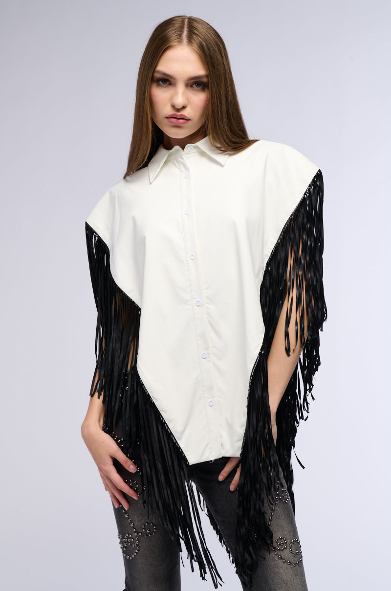 FLY HIGH FAUX LEATHER TOP WITH FRINGE