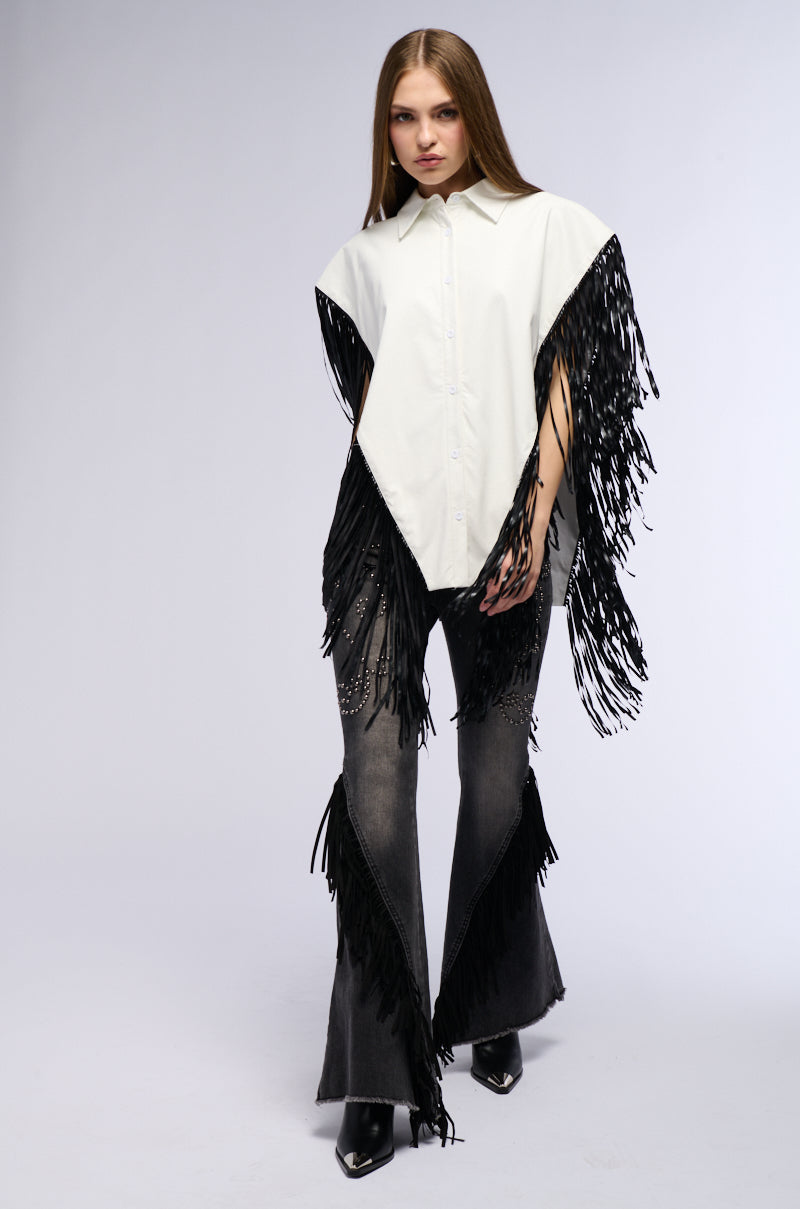 FLY HIGH FAUX LEATHER TOP WITH FRINGE