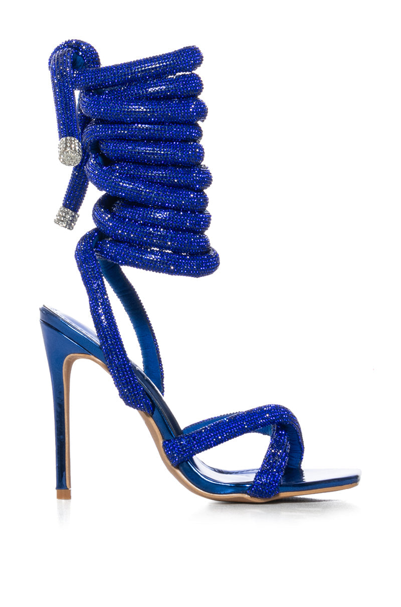 GEMMA PADDED RHINESTONE LACE UP SANDAL IN BLUE
