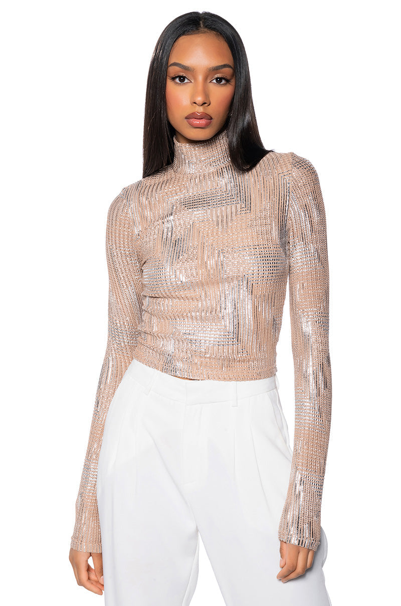 GEO METALLIC MOCK NECK TOP