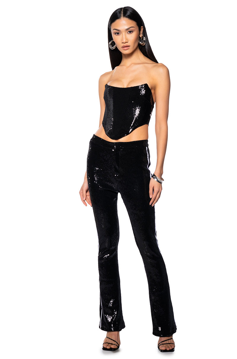 GET DOWN ON IT SEQUIN FLARE TROUSER IN BLACK