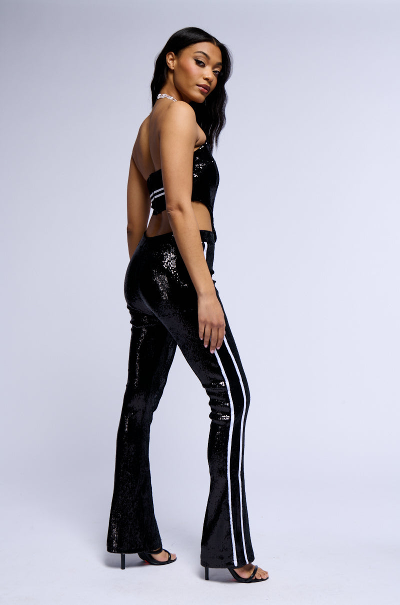 GET DOWN ON IT SEQUIN FLARE TROUSER IN BLACK