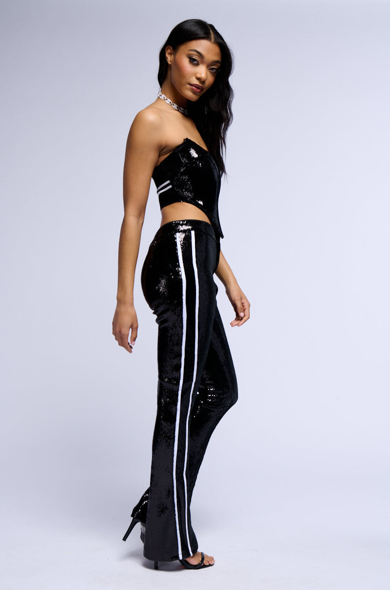 GET DOWN ON IT SEQUIN FLARE TROUSER IN BLACK