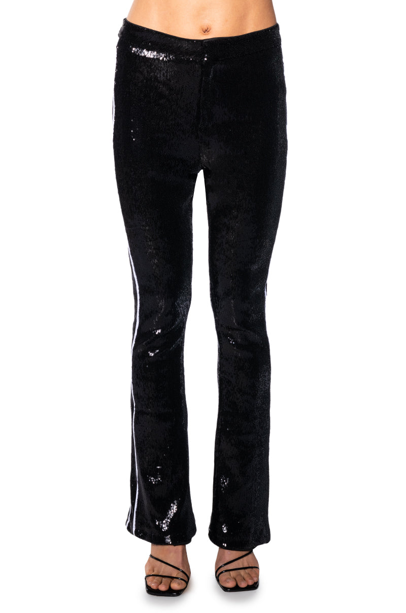 GET DOWN ON IT SEQUIN FLARE TROUSER IN BLACK